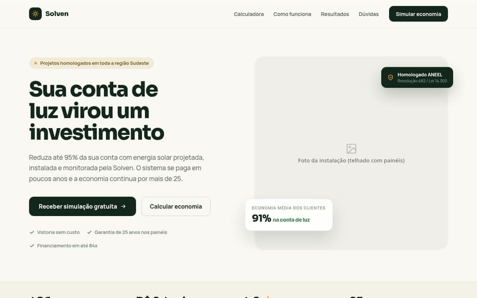 Prévia do template de landing page Energia Solar
