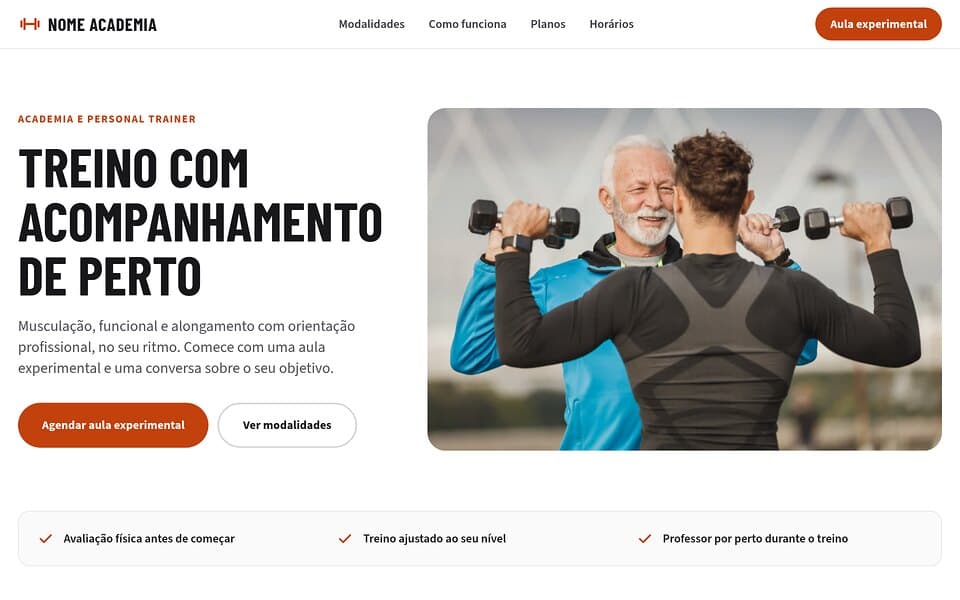Prévia do template Academia e personal trainer do Vitrine, com a marca de exemplo Nome Academia