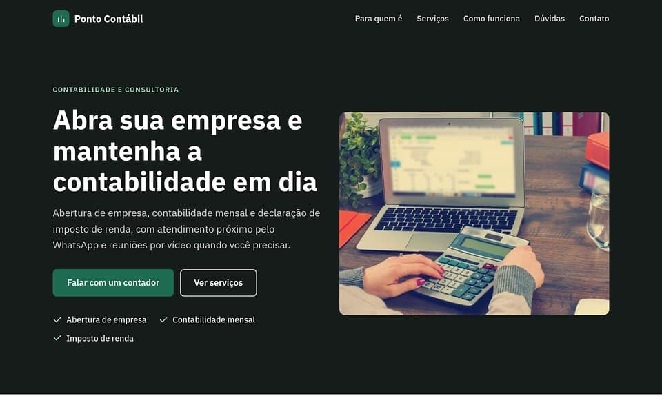 Prévia do template Contabilidade e consultoria do Vitrine, com a marca de exemplo Ponto Contábil