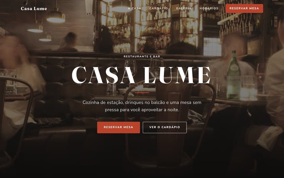 Prévia do template Restaurante e bar do Vitrine, com a marca de exemplo Casa Lume